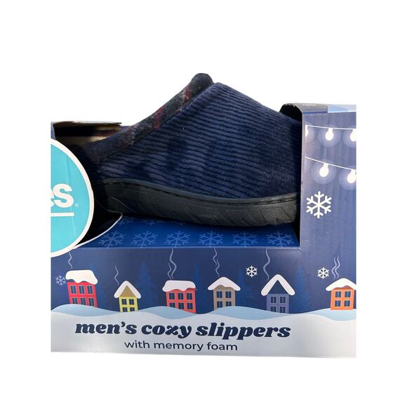 Totes Toasties Men's Memory Foam Slippers - Navy Blue & Plaid - Size MD 8-9 NEW - Picture 1 of 3